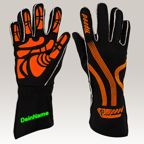 Speed Handschuhe | ADELAIDE G-1 | schwarz/neonorange Karthandschuhe inkl. Bedrucken Personalisieren